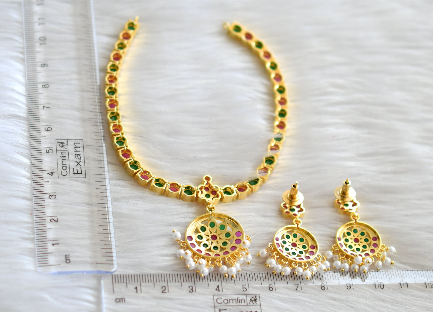 Gold Tone Ruby-emerald South Indian Style Attigai/Necklace Set DJ28350