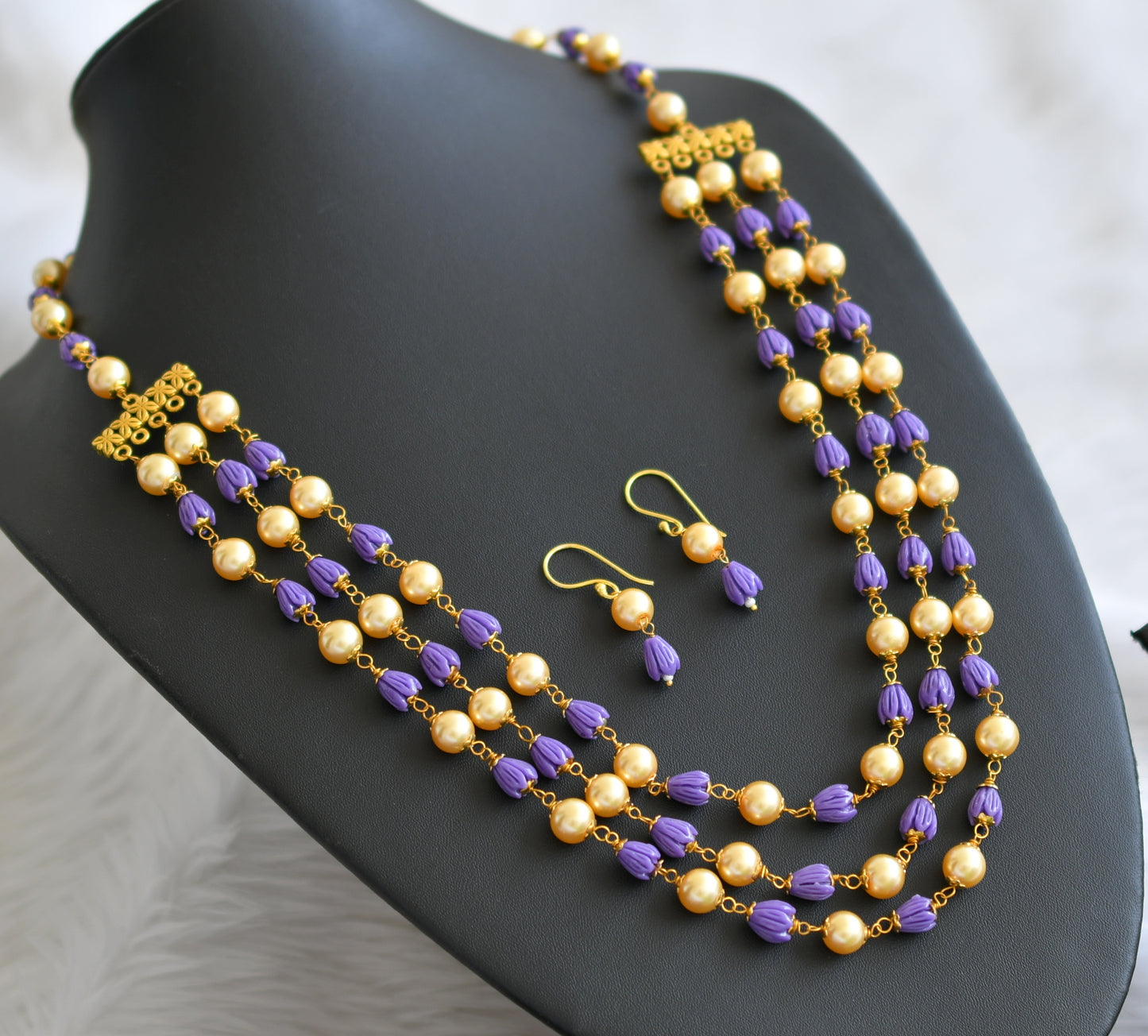 Gold tone purple-pearl tulip beaded multilayer necklace set dj-44988