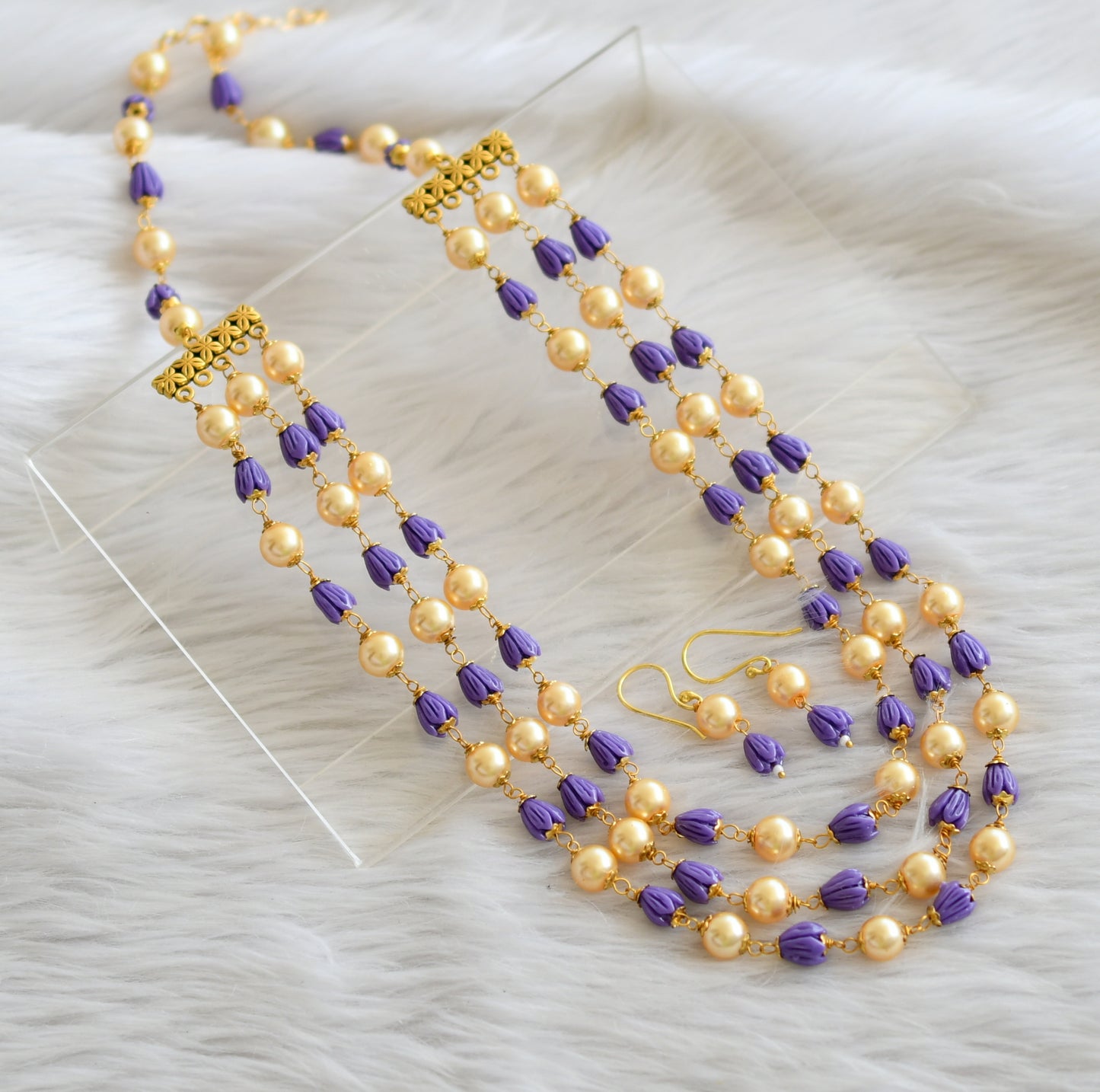 Gold tone purple-pearl tulip beaded multilayer necklace set dj-44988