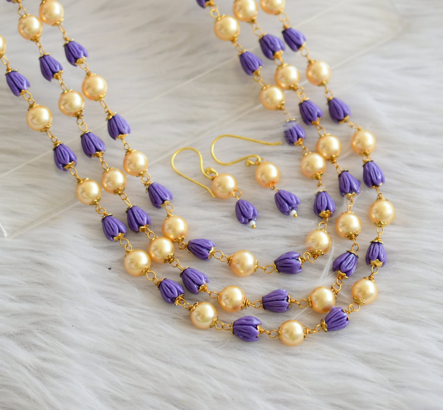 Gold tone purple-pearl tulip beaded multilayer necklace set dj-44988