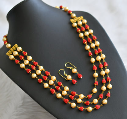 Gold tone coral-pearl tulip beaded multilayer necklace set dj-44989