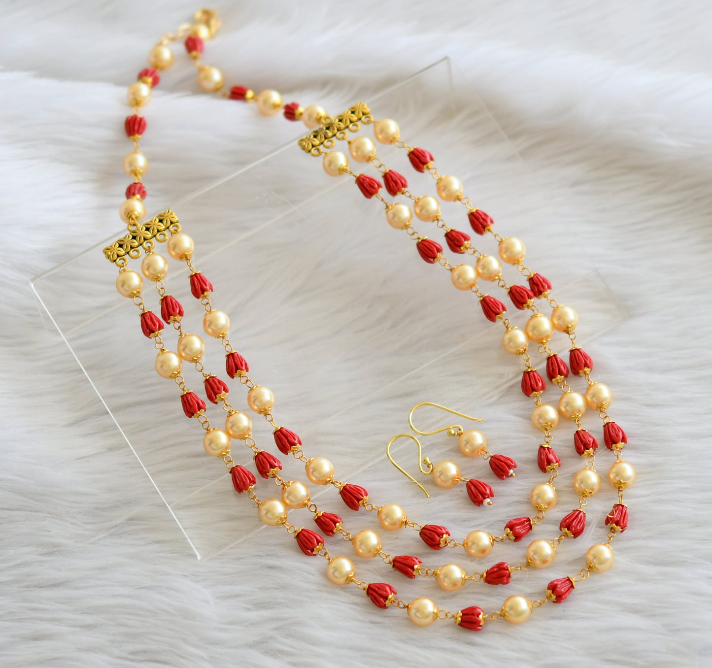 Gold tone coral-pearl tulip beaded multilayer necklace set dj-44989