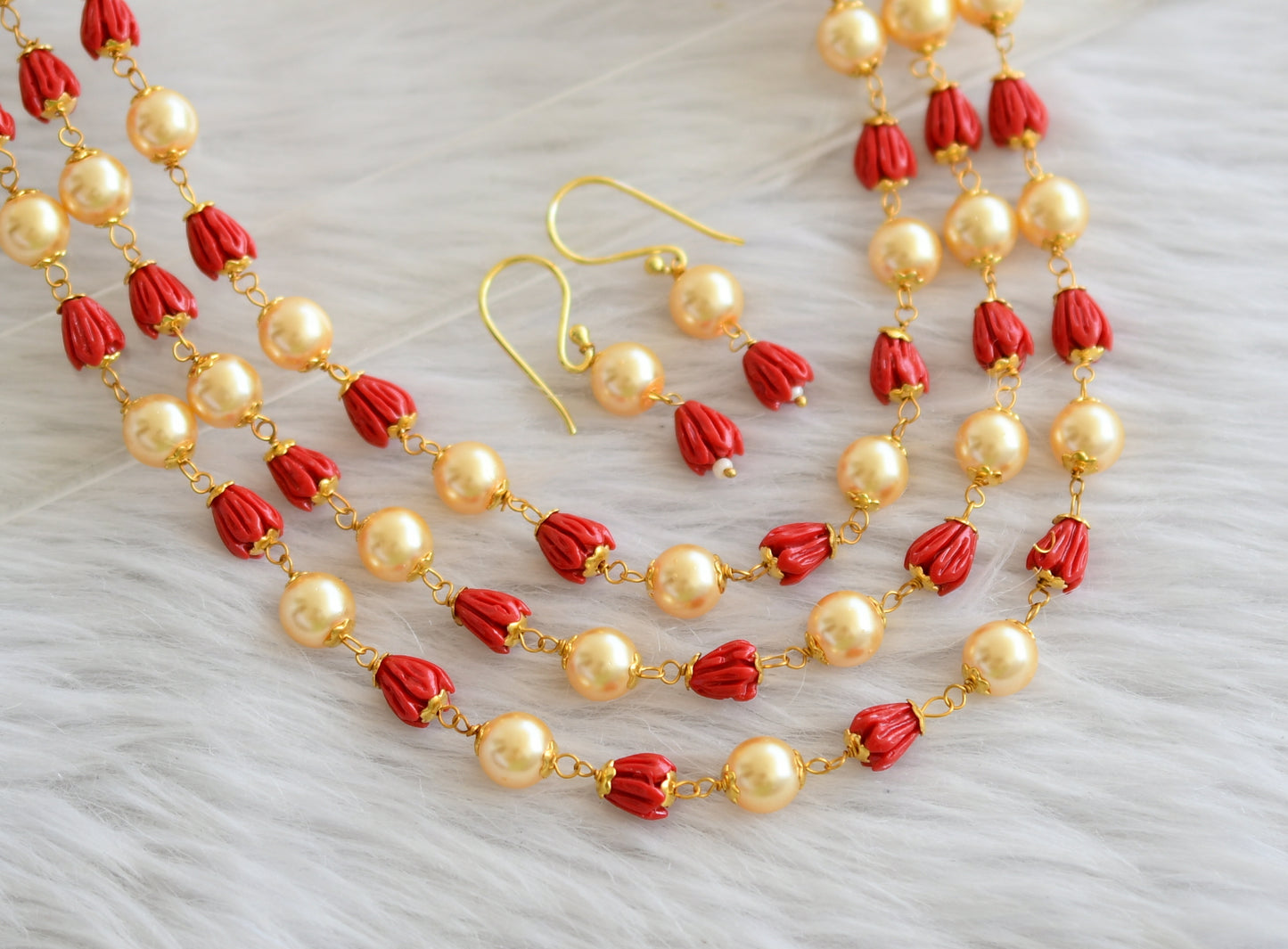 Gold tone coral-pearl tulip beaded multilayer necklace set dj-44989