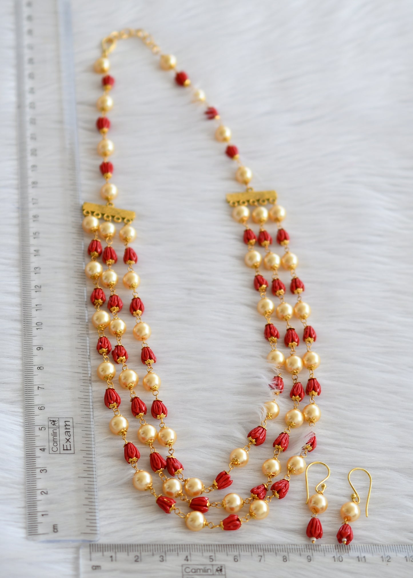 Gold tone coral-pearl tulip beaded multilayer necklace set dj-44989