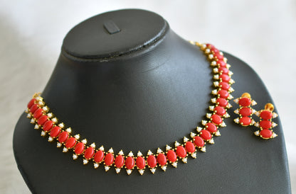 Gold tone coral-pearl oval stone necklace set dj-45004