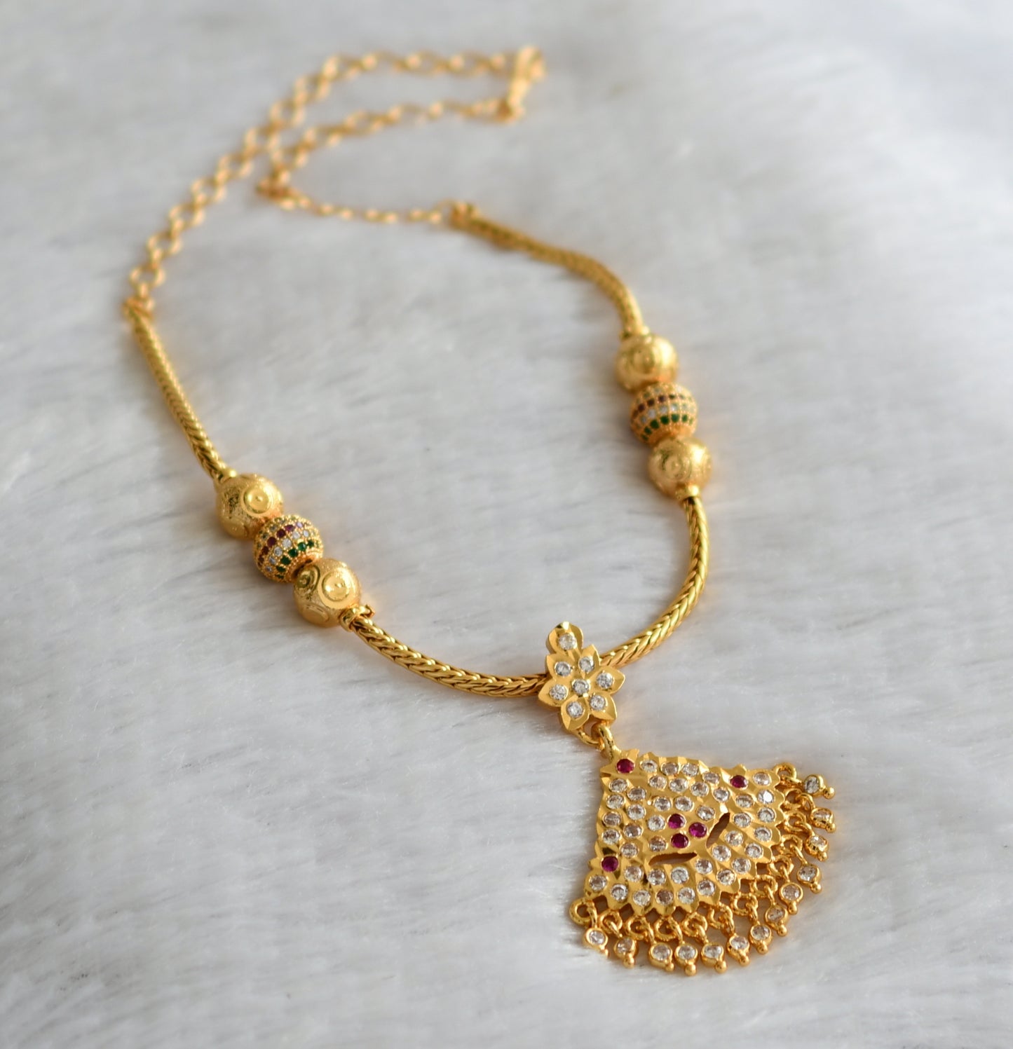 Gold tone ad pink-white south indian kodi necklace dj-46661