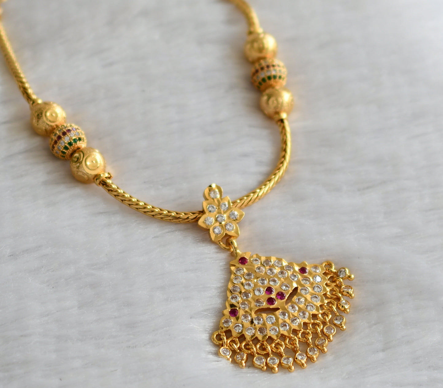 Gold tone ad pink-white south indian kodi necklace dj-46661