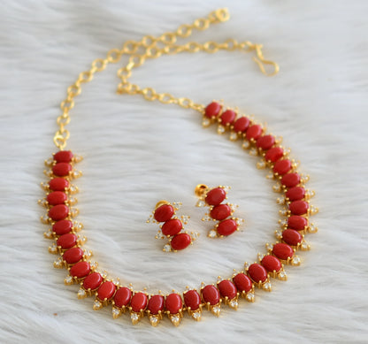 Gold tone coral-white oval stone necklace set dj-45002