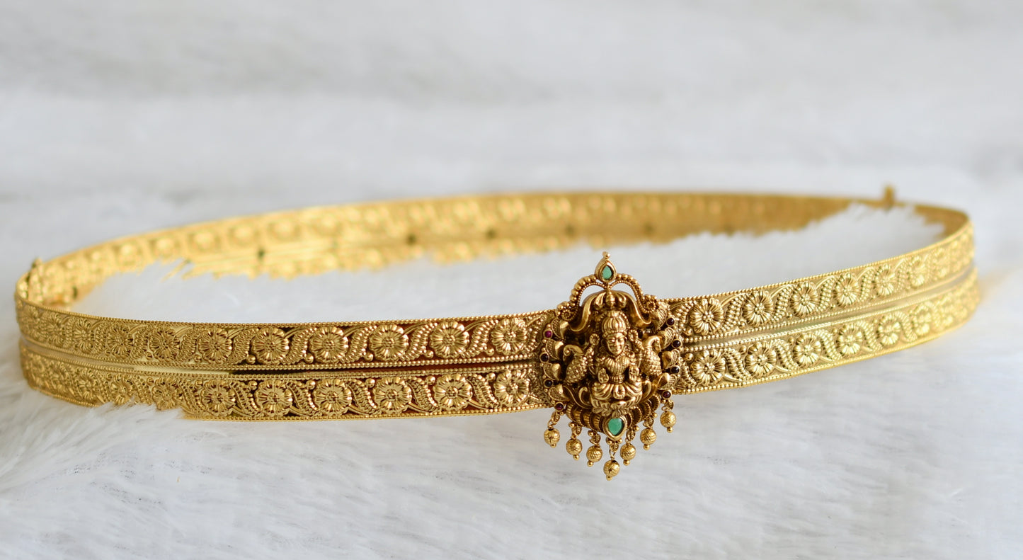 Antique gold tone kemp-green lakshmi peacock flower waist band dj-50401