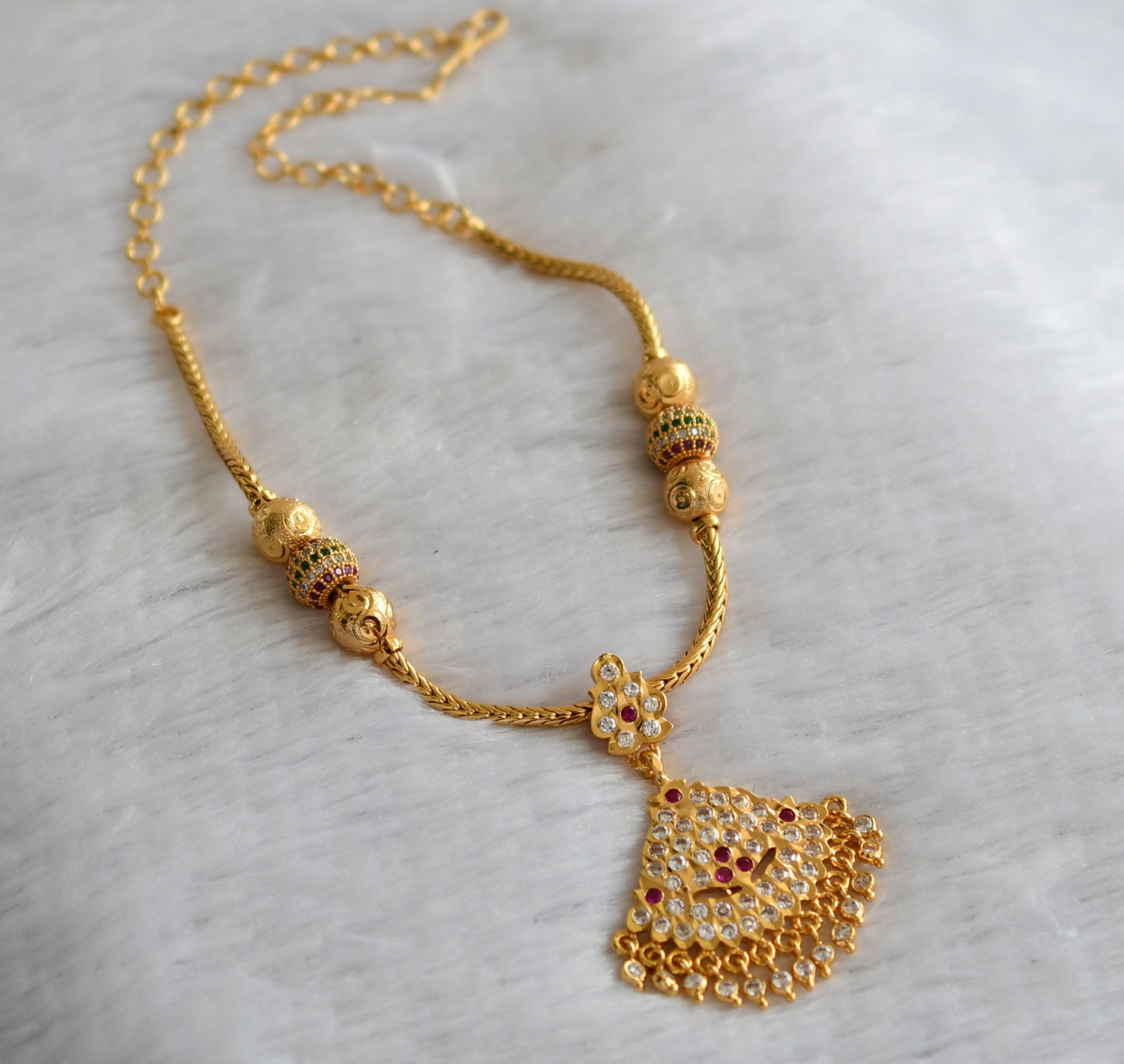 Gold tone ad pink-white south indian necklace dj-46667