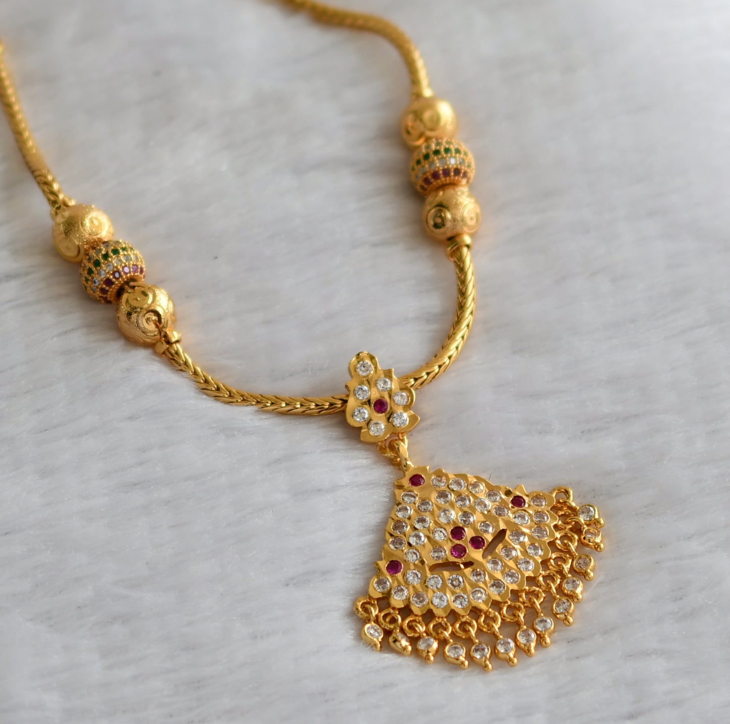 Gold tone ad pink-white south indian necklace dj-46667