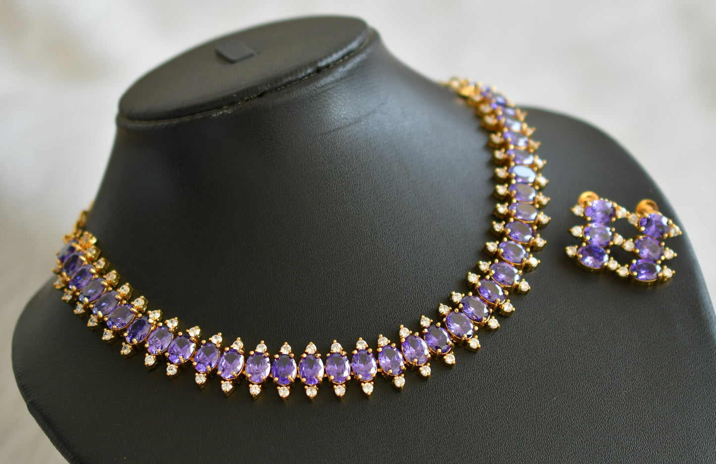 Gold tone cz purple-white stone oval necklace set dj-45001