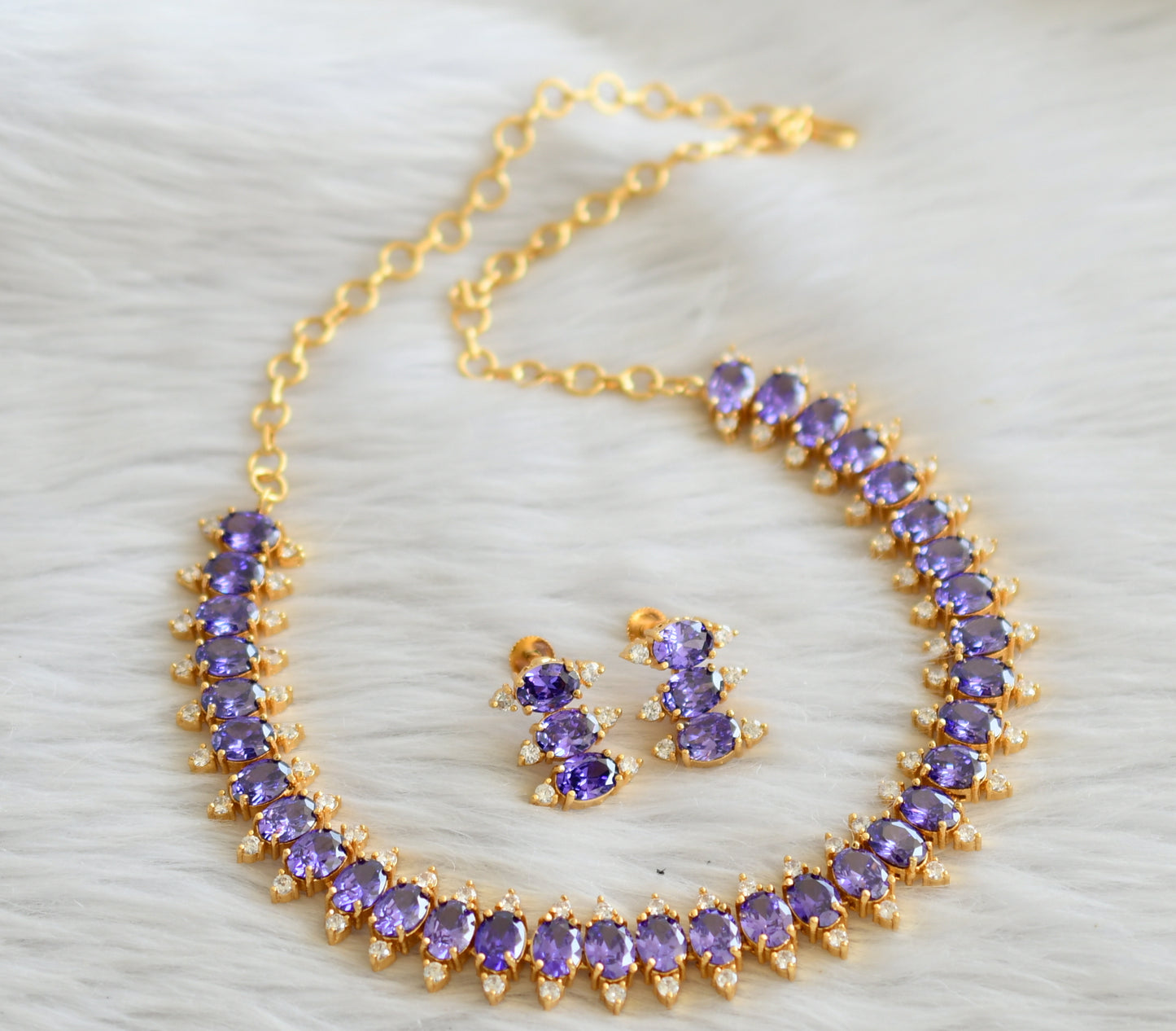 Gold tone cz purple-white stone oval necklace set dj-45001