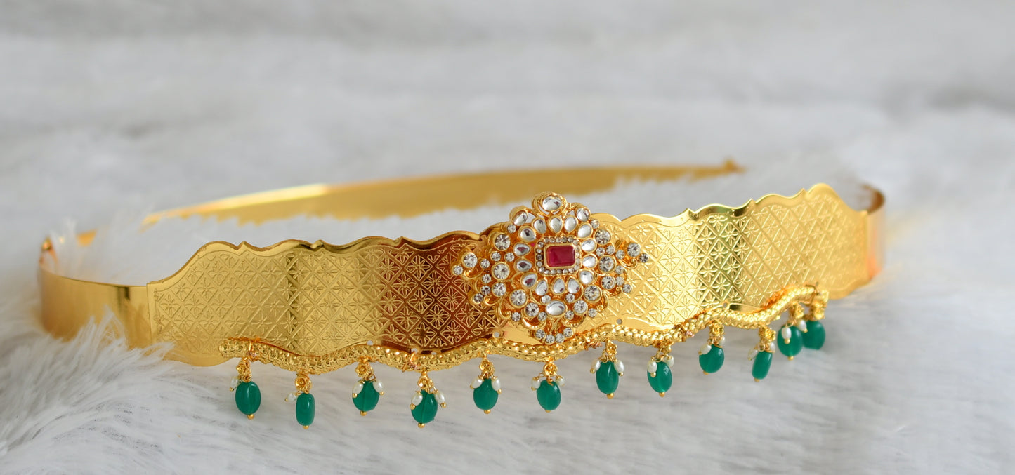 Gold tone pink-white stone green bead waist band dj-50399