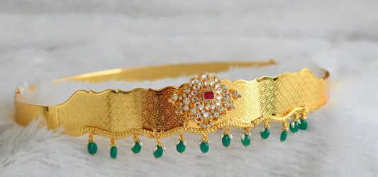 Gold tone pink-white stone green bead waist band dj-50399