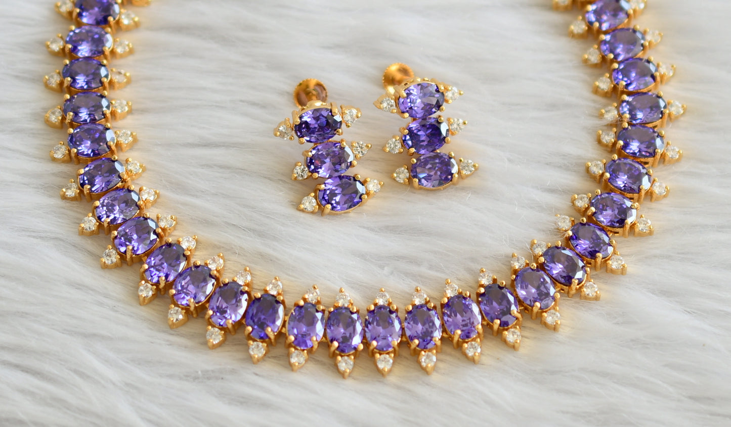 Gold tone cz purple-white stone oval necklace set dj-45001