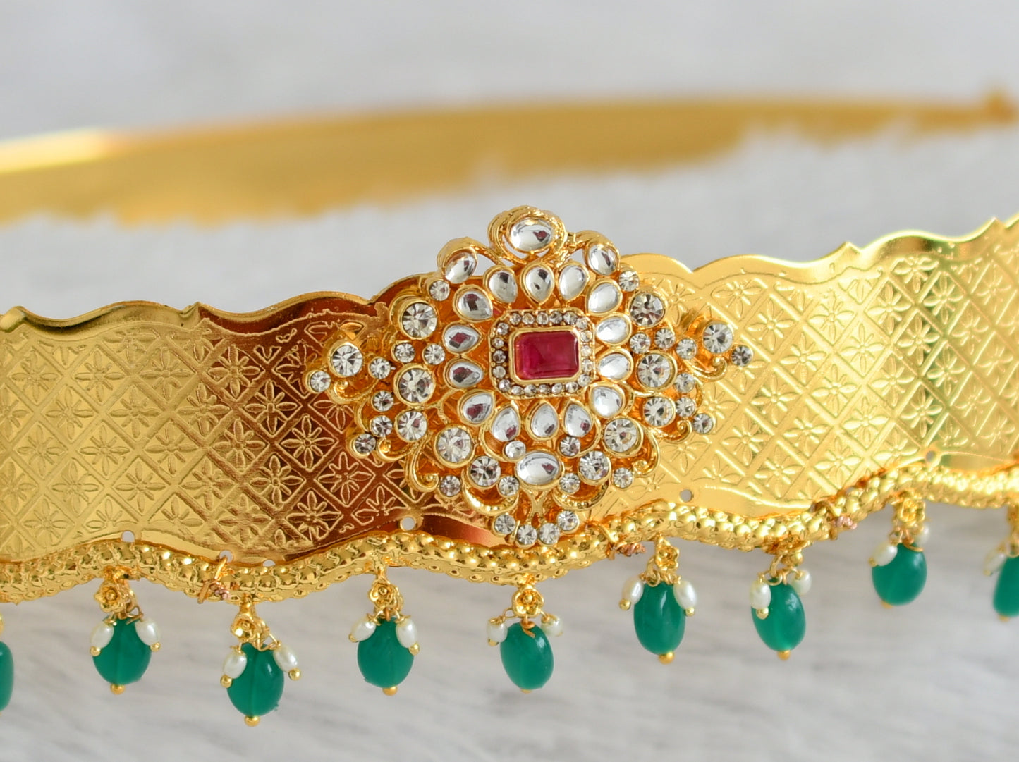 Gold tone pink-white stone green bead waist band dj-50399