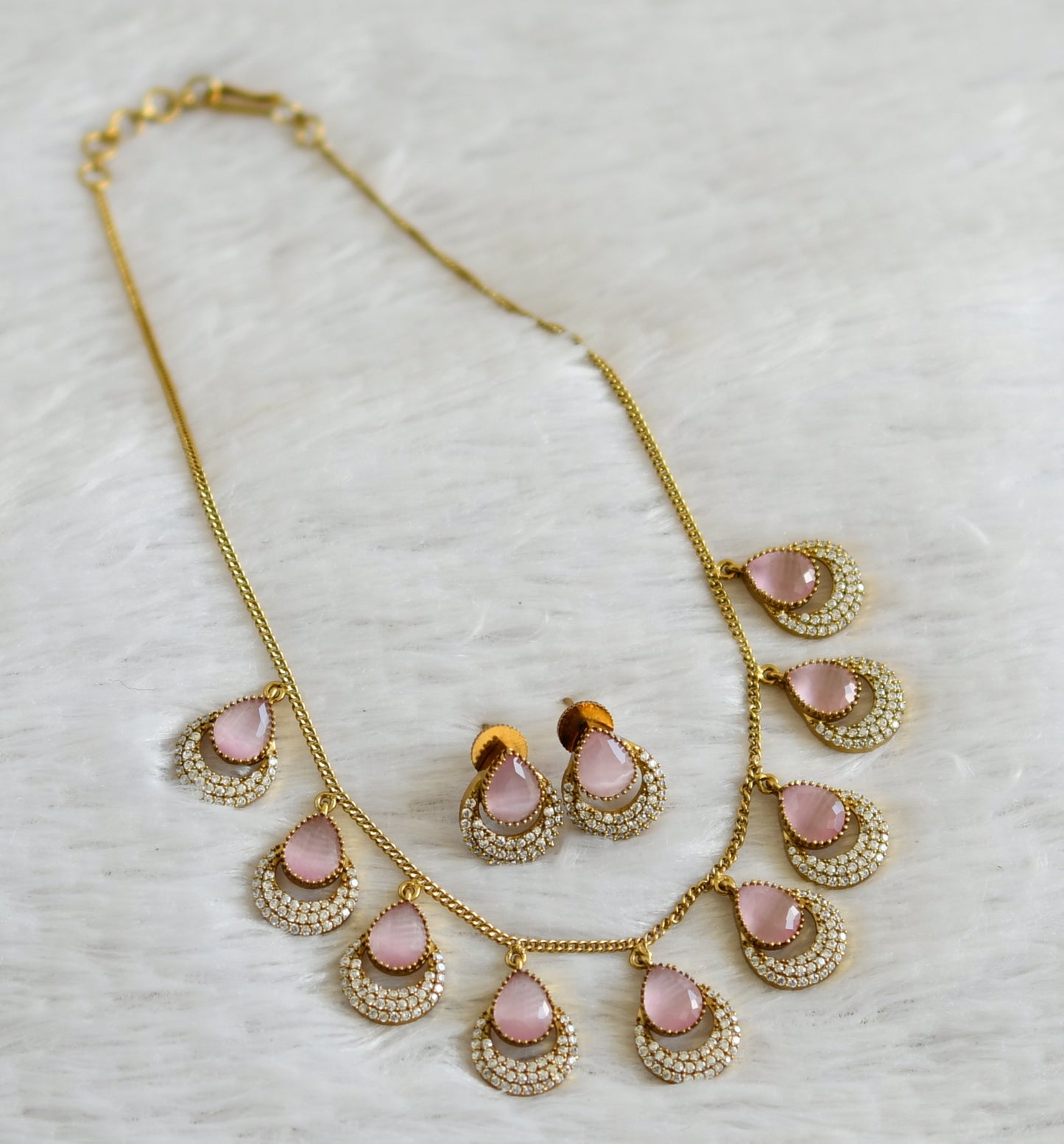 Antique cz baby pink thilak stone necklace set dj-48445