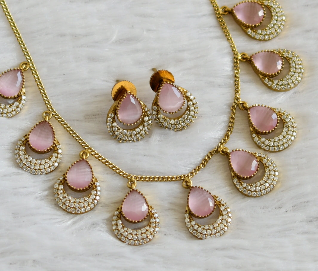 Antique cz baby pink thilak stone necklace set dj-48445