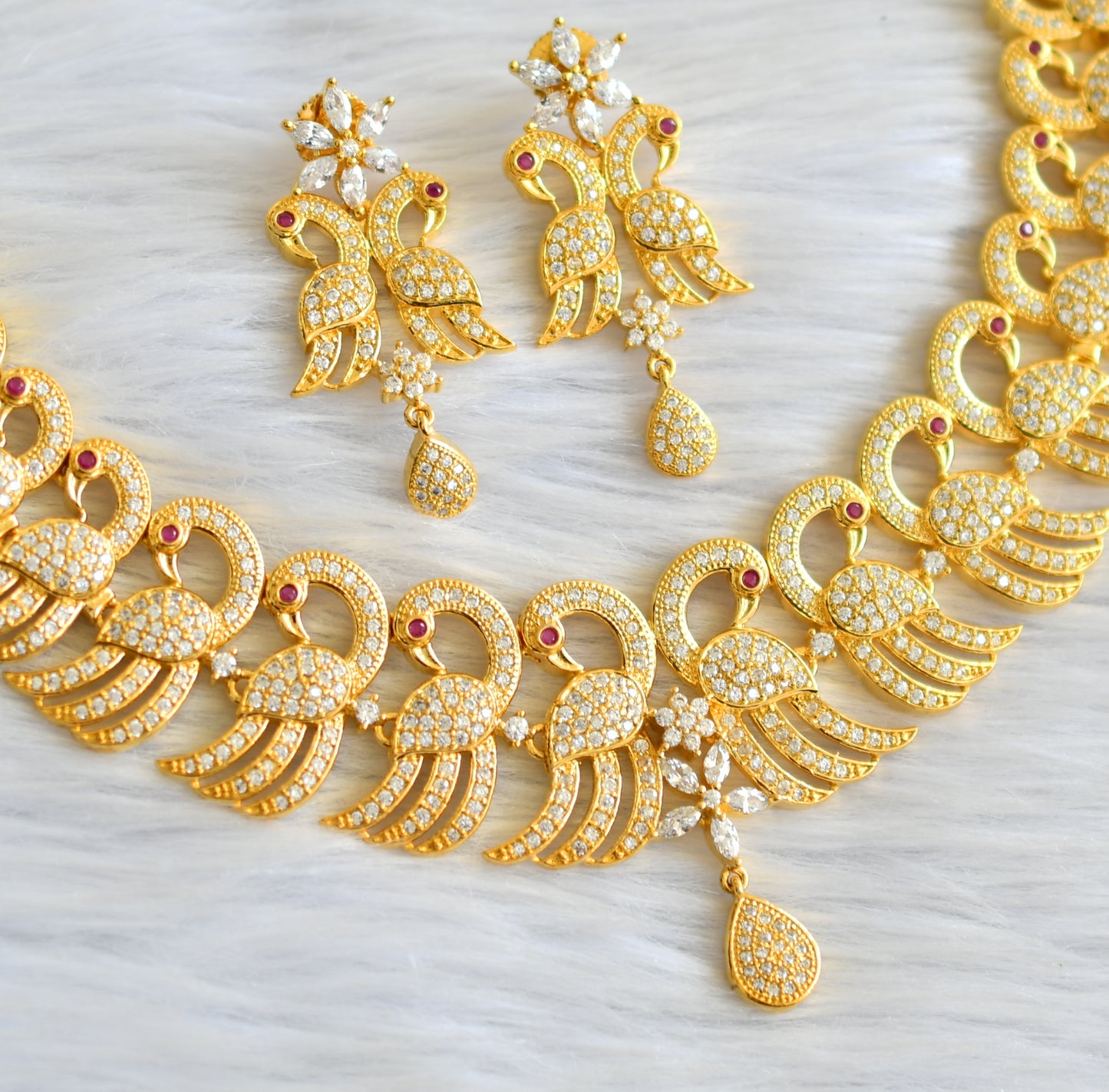 Gold tone cz white peacock necklace set dj-09569