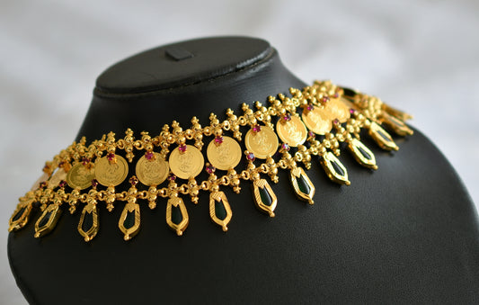 Gold tone kerala style pink-green nagapadam lakshmi coin choker necklace dj-46668