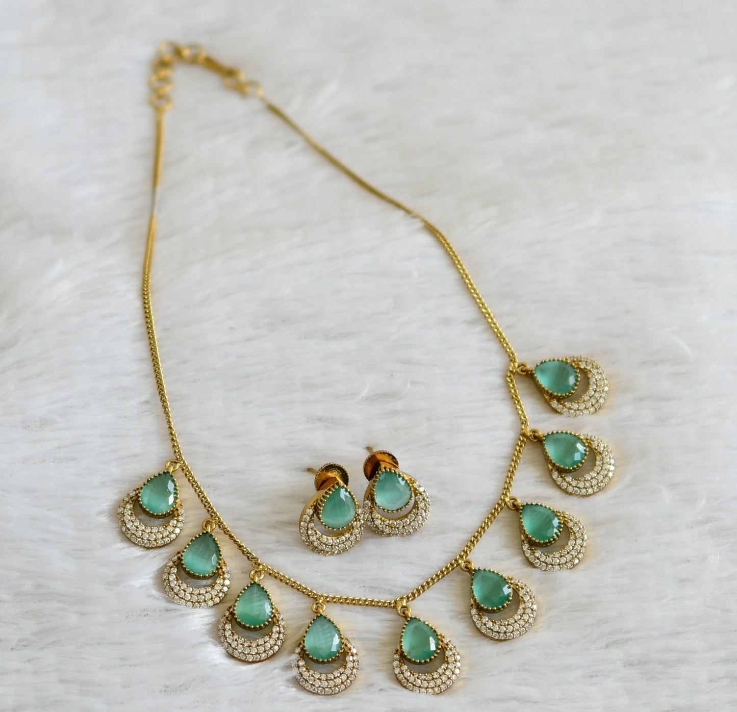 Antique cz sea green thilak stone necklace set dj-48446