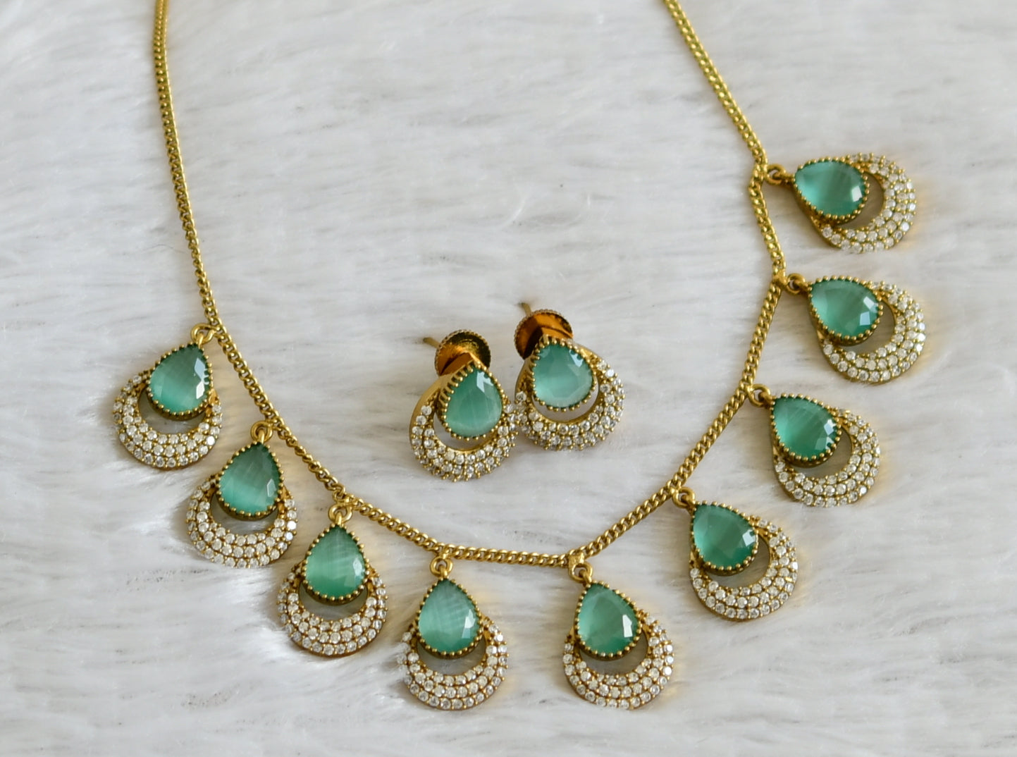 Antique cz sea green thilak stone necklace set dj-48446