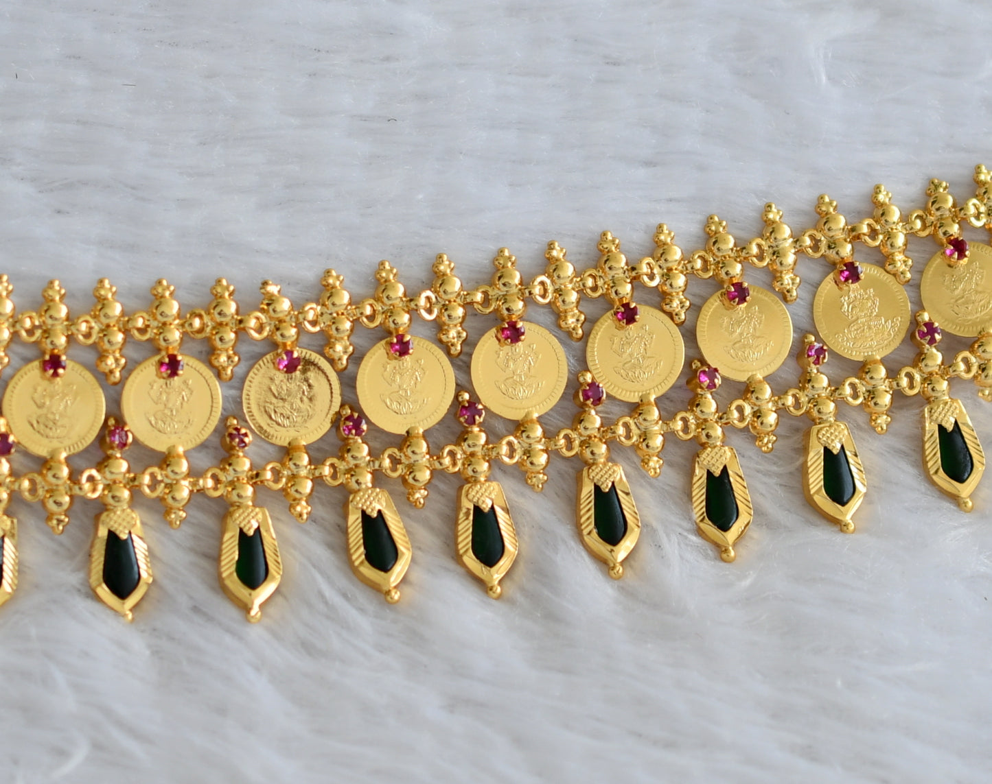 Gold tone kerala style pink-green nagapadam lakshmi coin choker necklace dj-46668