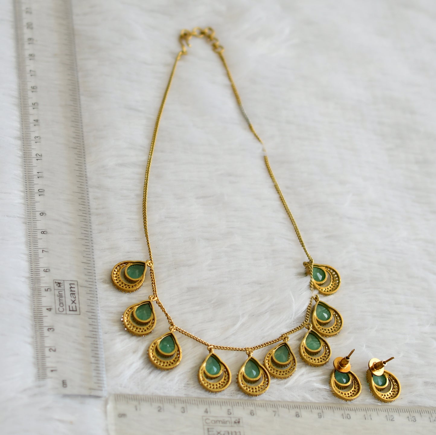 Antique cz sea green thilak stone necklace set dj-48446