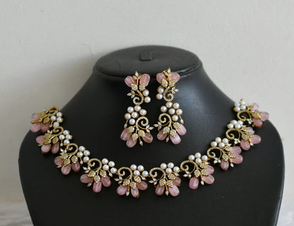 Matte finish cz pearl stone babu pink bead flower necklace set dj-48433