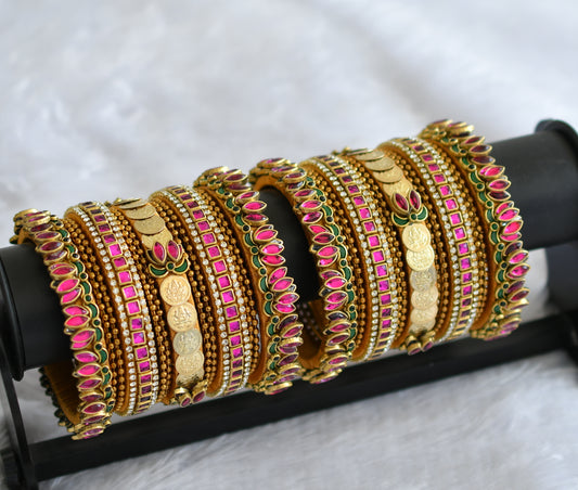 Gold tone silk thread pink-green-white kundan lotus lakshmi coin bangles(2.4) dj-46701