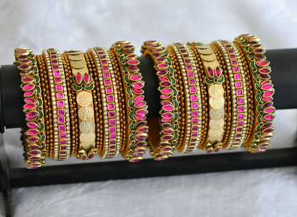 Gold tone silk thread pink-green-white kundan lotus lakshmi coin bangles(2.4) dj-46701