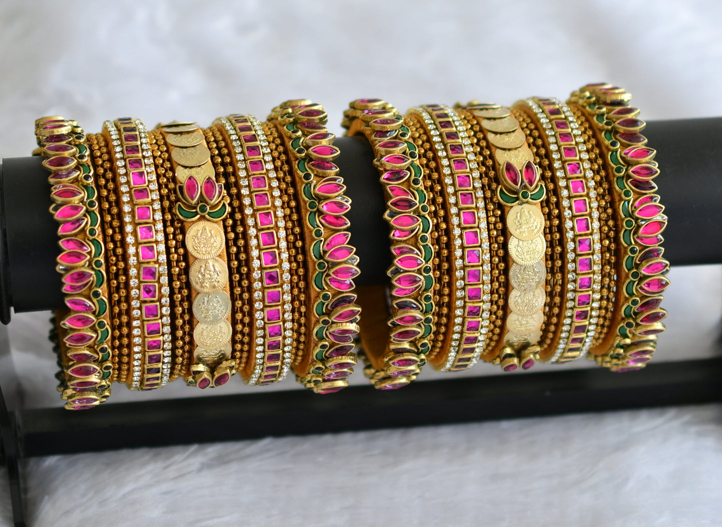 Gold tone silk thread pink-green-white kundan lotus lakshmi coin bangles(2.6) dj-46702