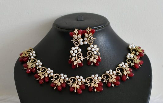 Matte finish cz pearl stone red bead flower necklace set dj-48431