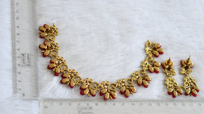 Matte finish cz pearl stone red bead flower necklace set dj-48431