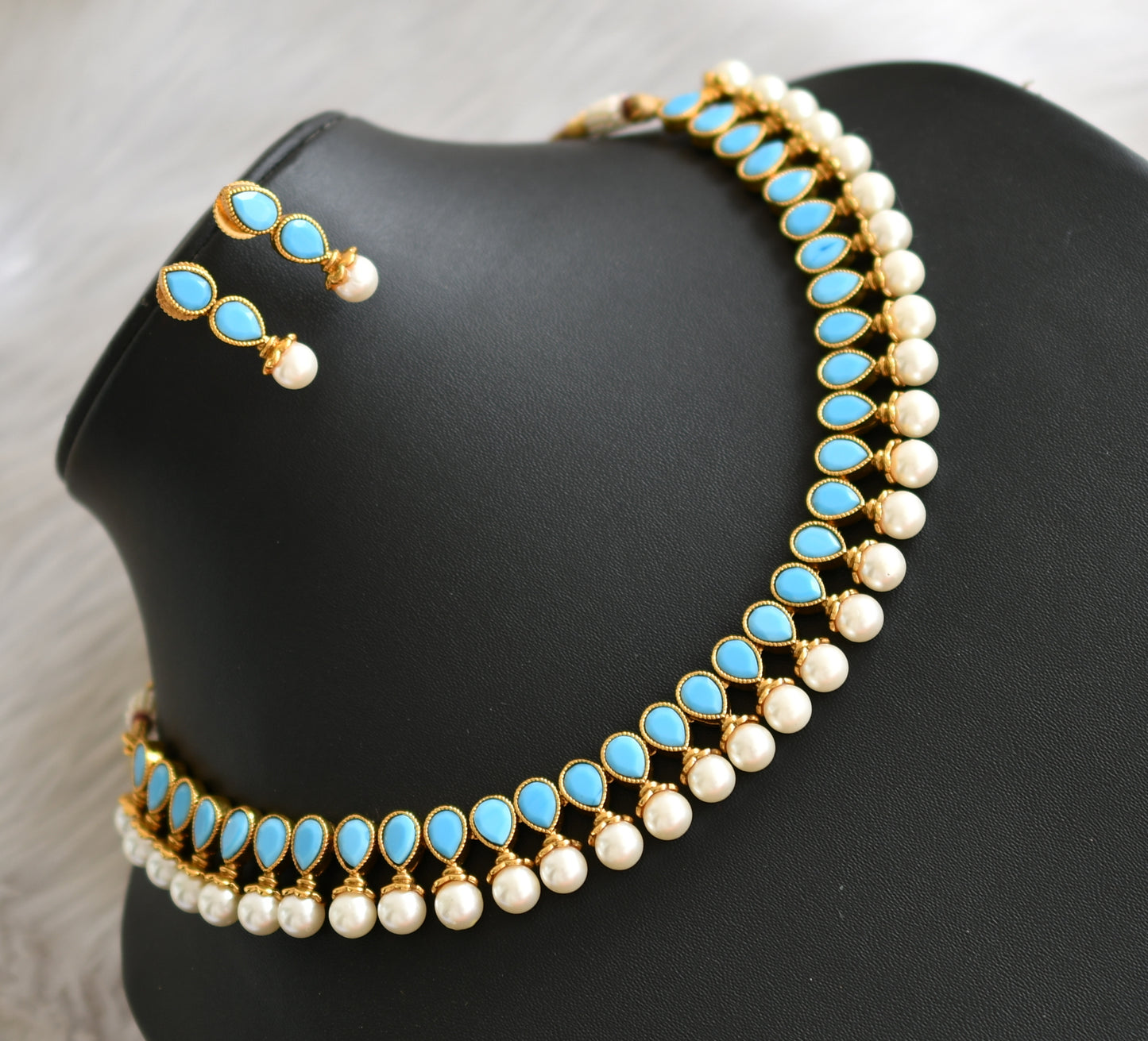 Antique gold tone turquoise blue pearl necklace set dj-03537