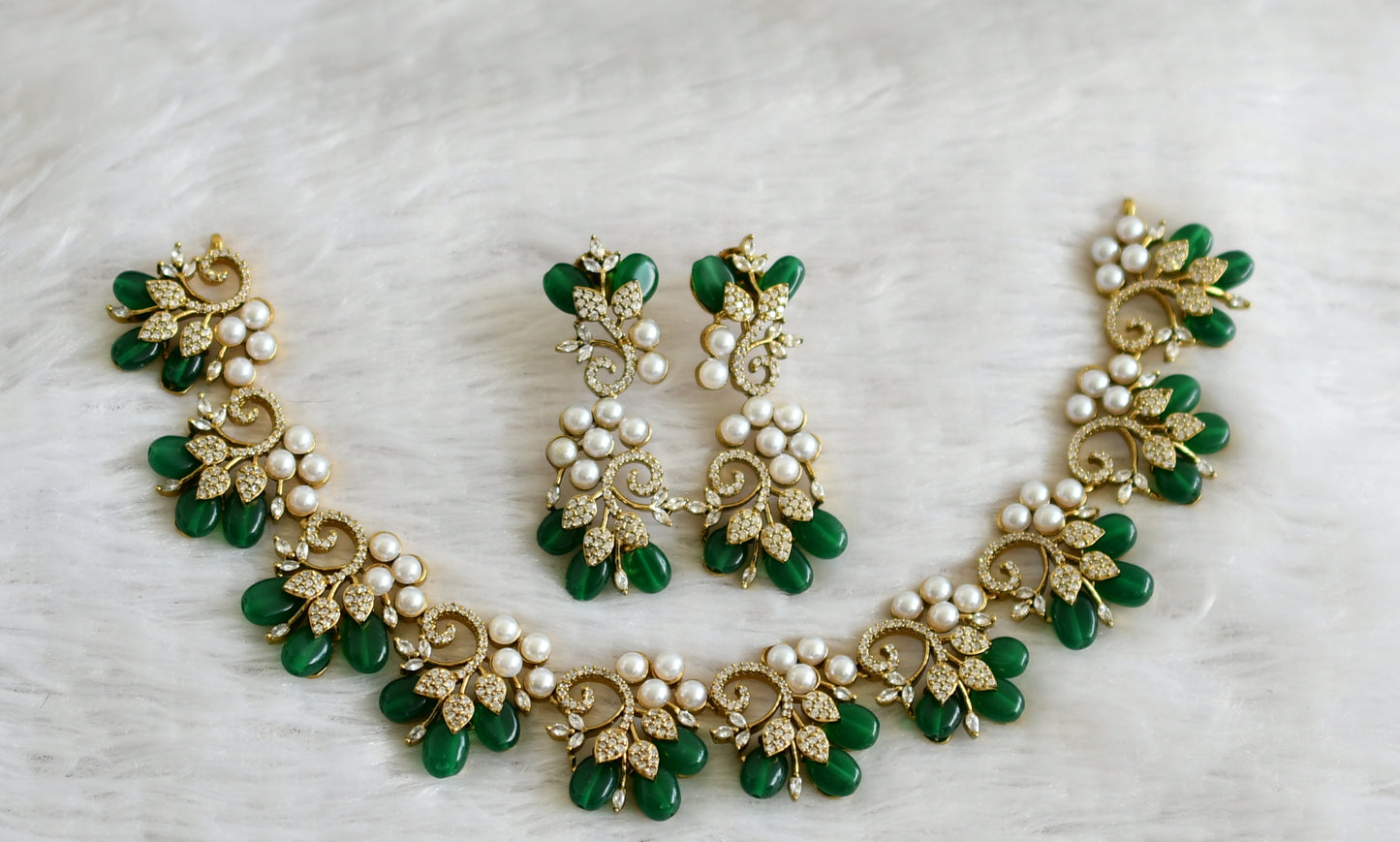 Matte finish cz pearl stone green bead flower necklace set dj-48430