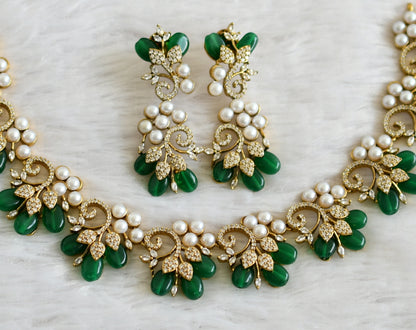 Matte finish cz pearl stone green bead flower necklace set dj-48430