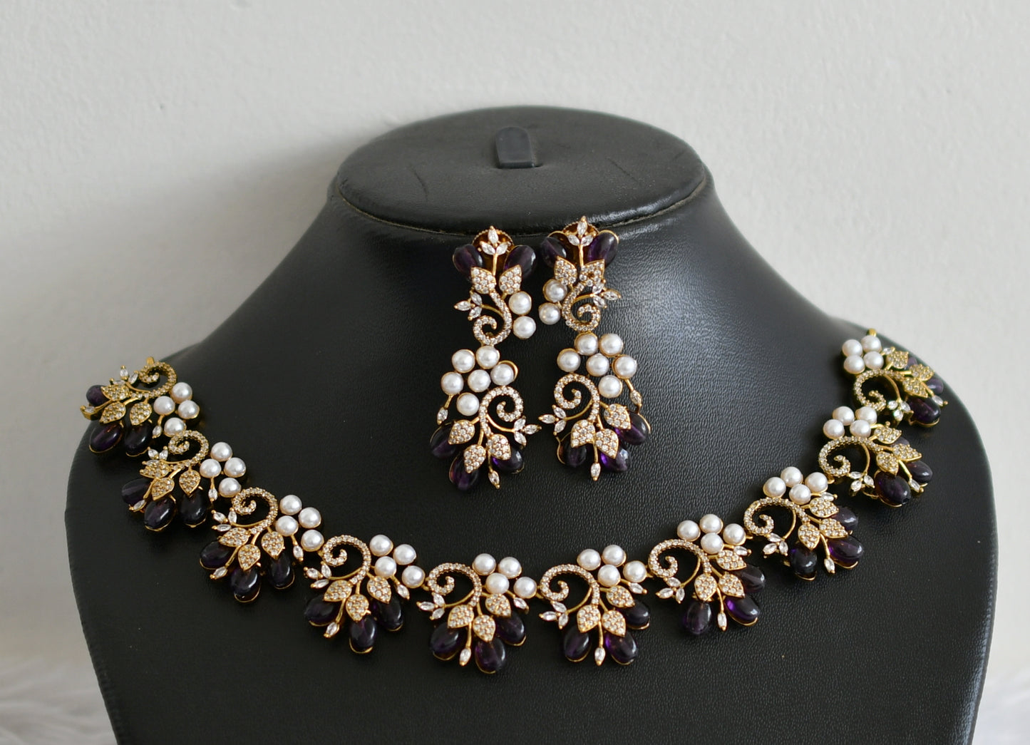 Matte finish cz pearl stone purple bead flower necklace set dj-48432