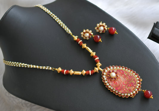 Gold tone maroon pachi pendant pearl necklace set dj-03561