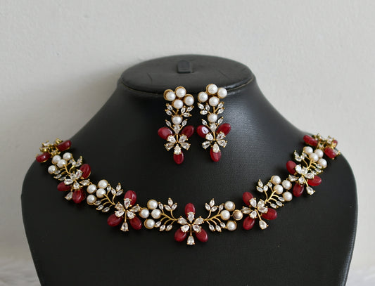 Matte finish cz pearl stone red bead flower necklace set dj-48435