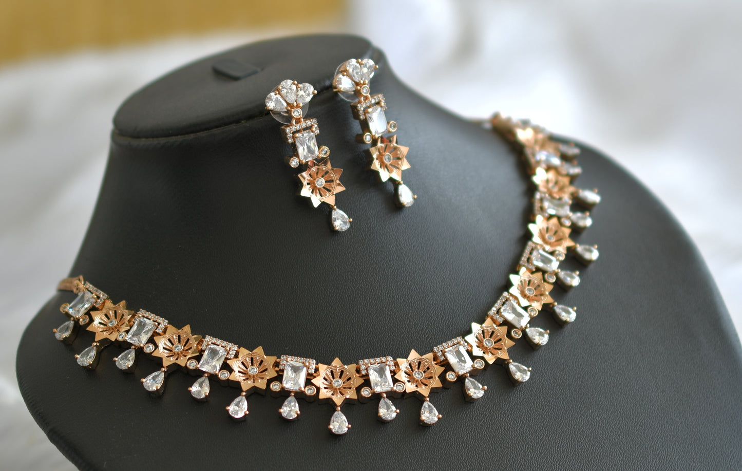 Rose gold cz white flower necklace set dj-30983