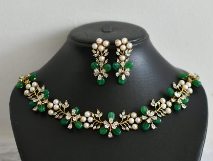 Matte finish cz pearl stone green bead flower necklace set dj-48436