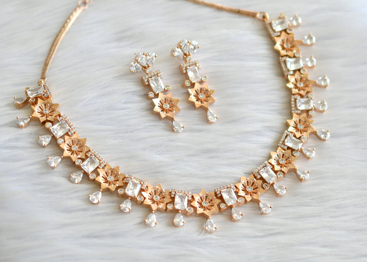 Rose gold cz white flower necklace set dj-30983