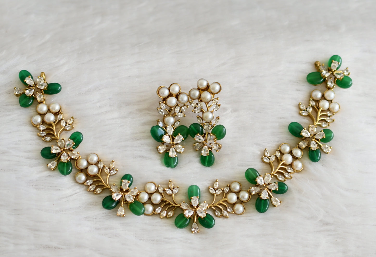 Matte finish cz pearl stone green bead flower necklace set dj-48436