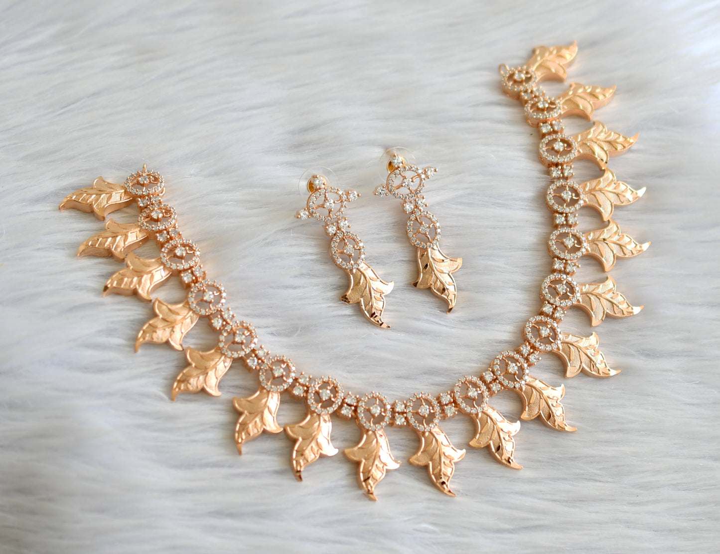 Rose gold cz white leaf necklace set dj-30987