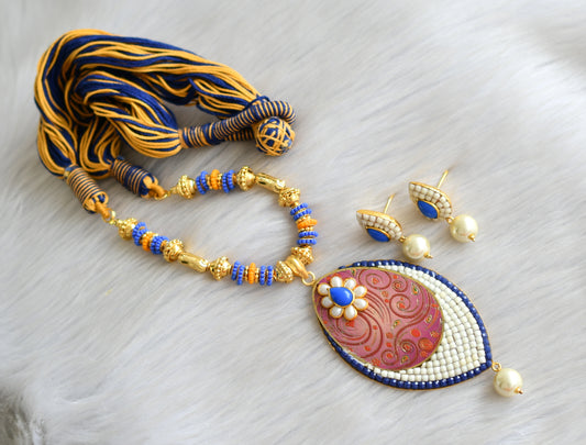 Gold tone handmade yellow-blue pachi pendant thread necklace set dj-03564