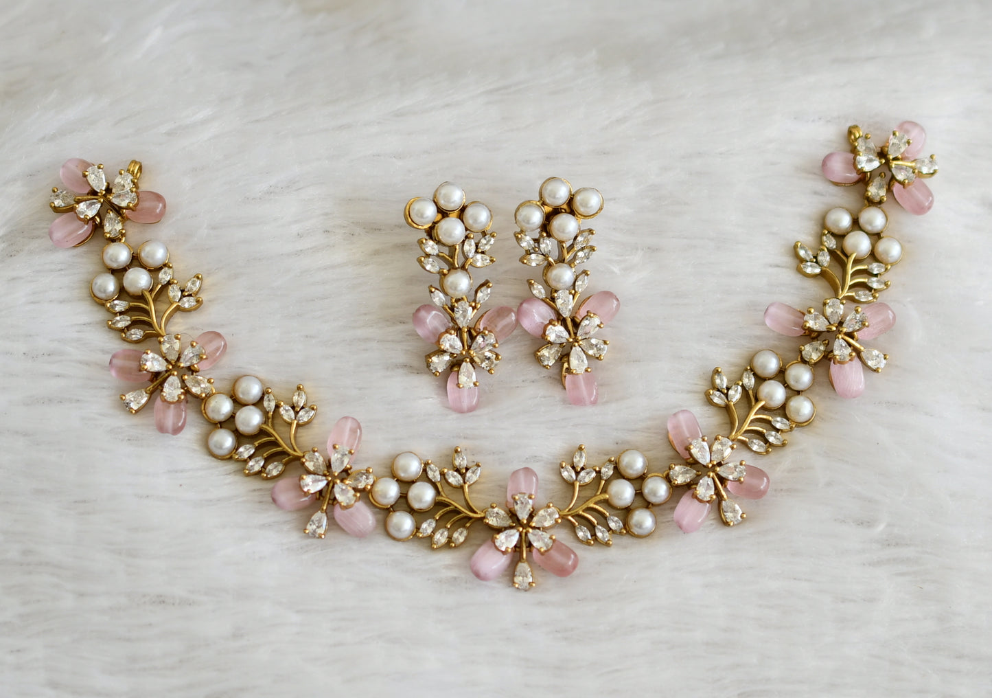 Matte finish cz pearl stone baby pink bead flower necklace set dj-48437