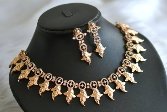 Rose gold cz white leaf necklace set dj-30987