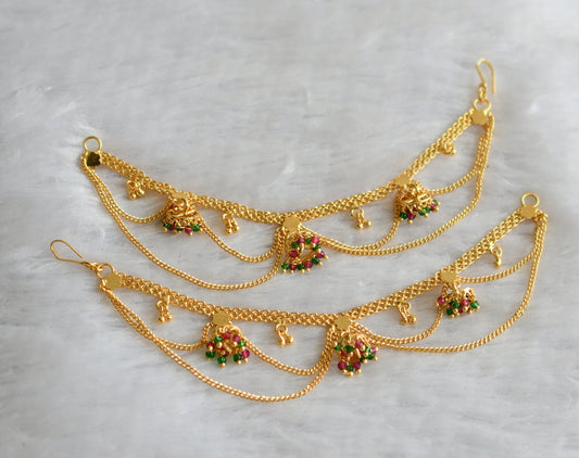 Gold tone pink-green beaded jhumkka double layer ear side chain dj-46708